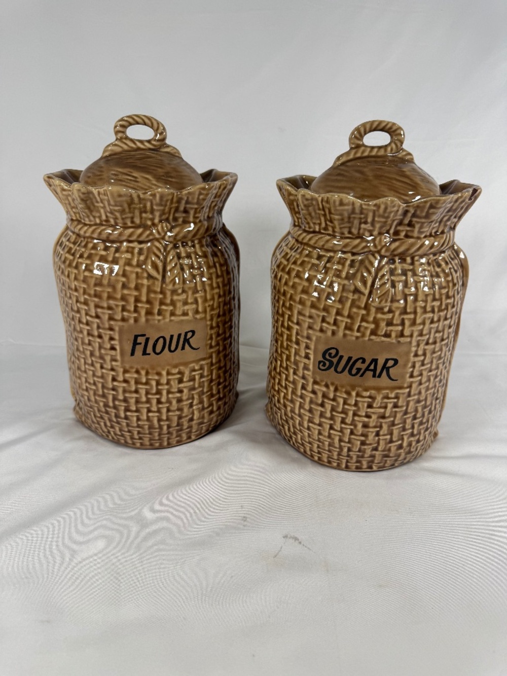 Vintage McCoy 158 Burlap Flour Sugar Canister Set Pottery USA- READ